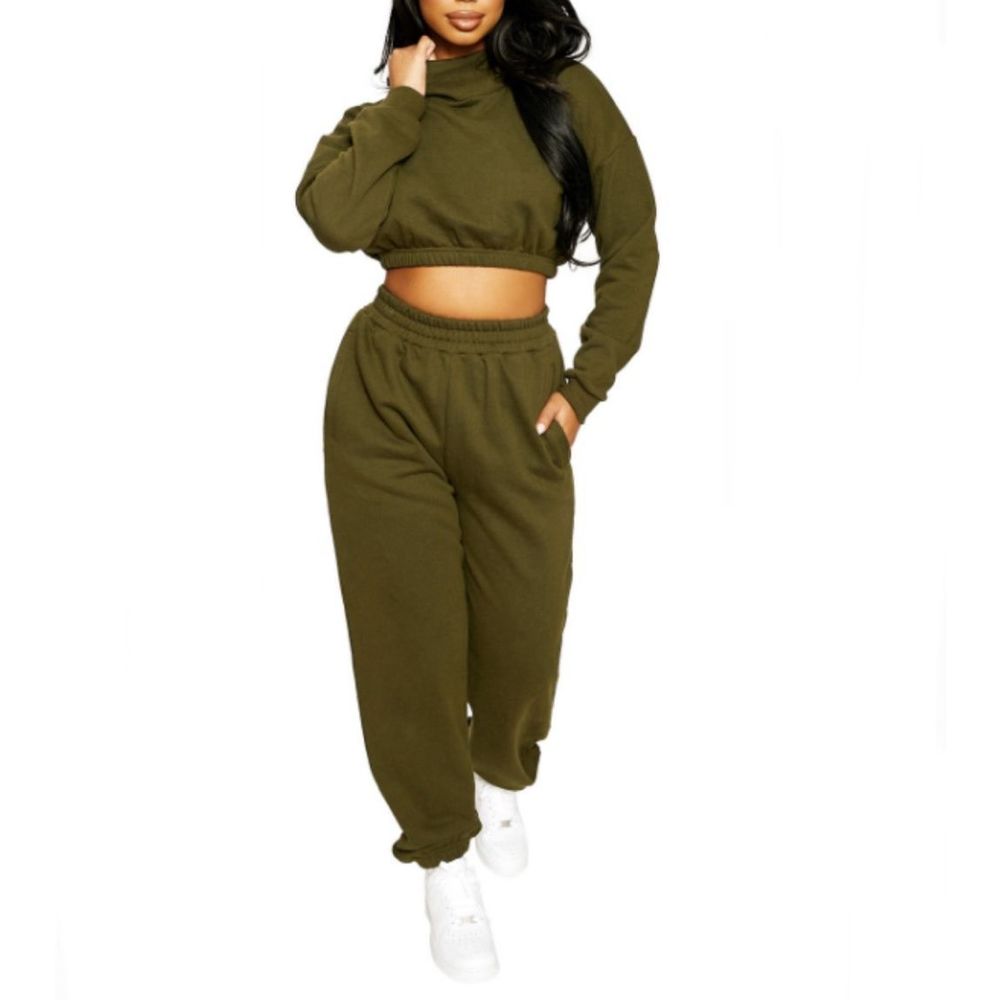Naked Wardrobe Set NWOT Cropped Hoodie & Jogger Olive Green Size M